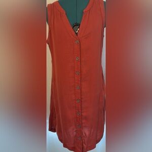 Prana. Rust color sleeveless A-line dress. Button front and side accents.
